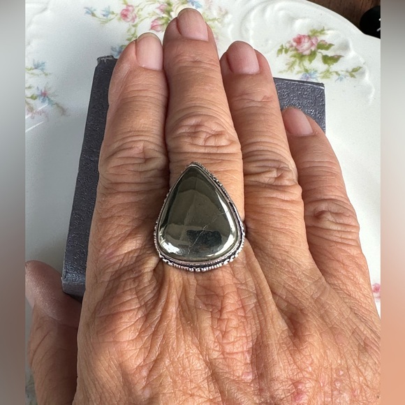 Golden Pyrite Cab Ring 925 size 8 - Picture 4 of 10